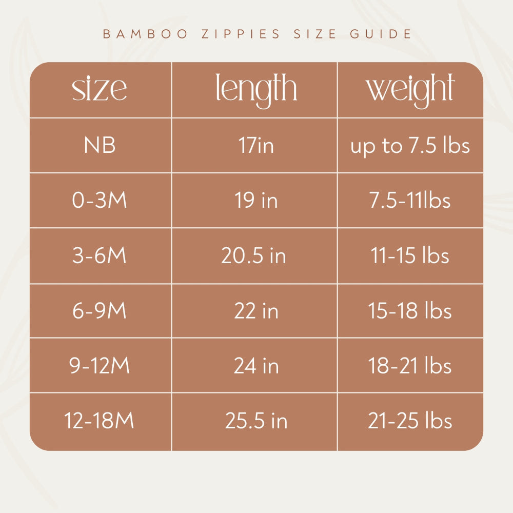 Cozy Prairie Baby Boutique Bamboo Zip Size Guide Chart