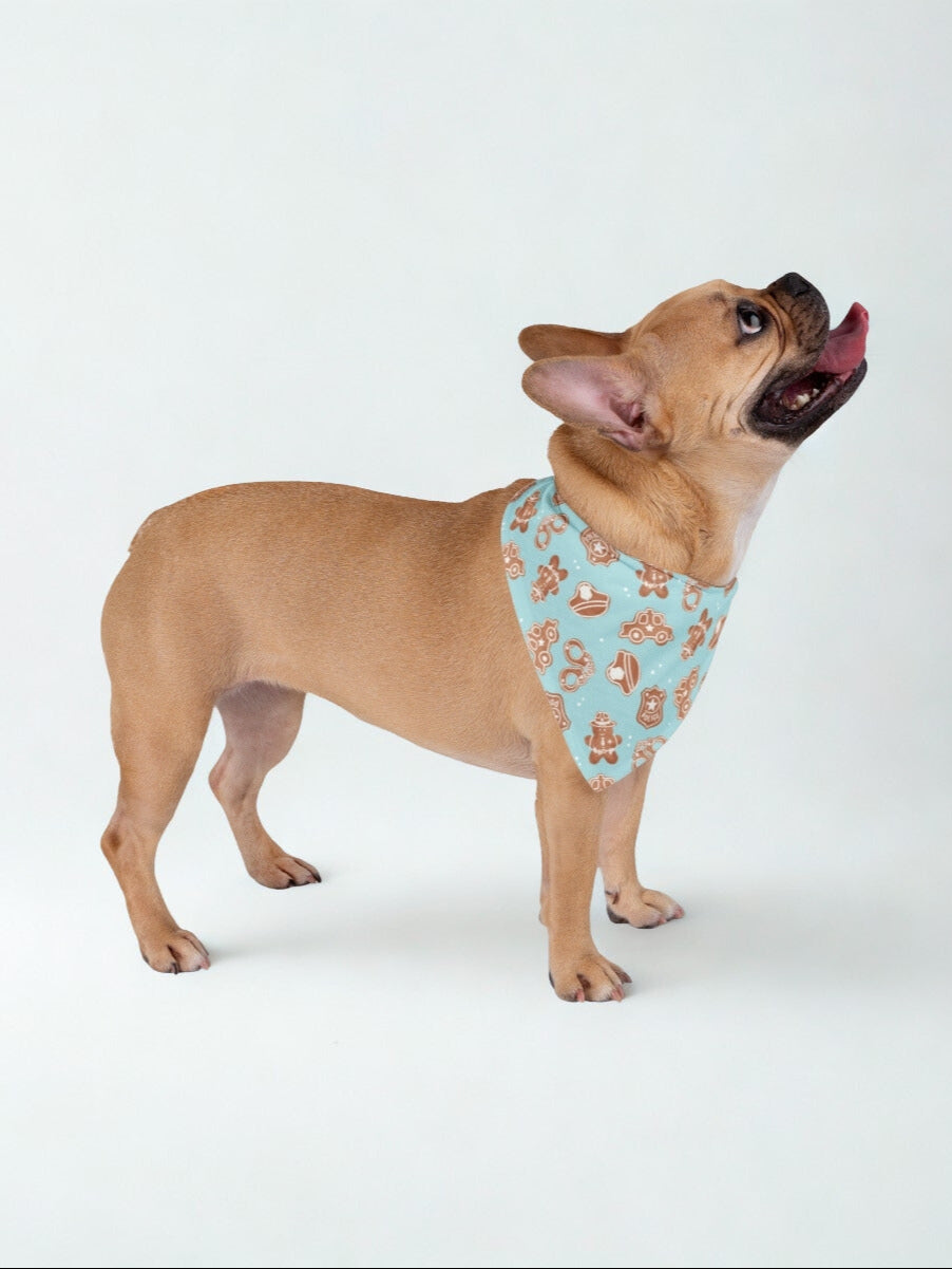 Small dog wearing blue bandana.