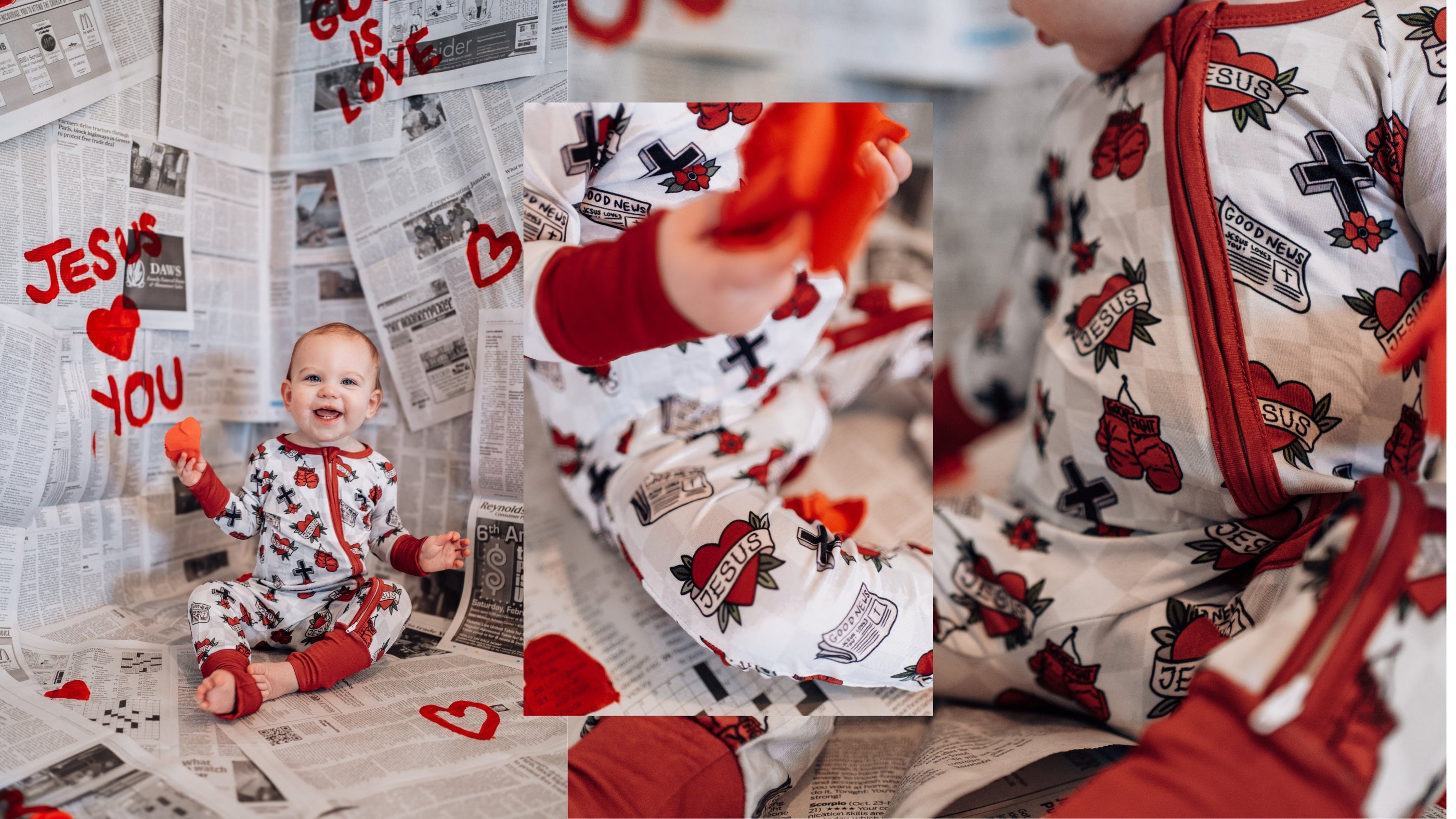 Baby white and red patterned pajamas sitting on newspapers
